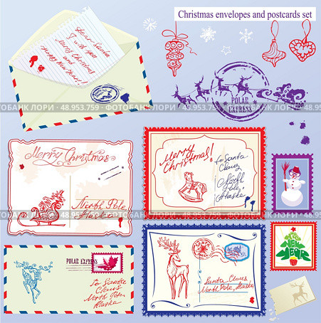 Collection of Christmas envelops, postcards, stamps and hand drawn texts and pictures - Christmas and New Year postage set. Стоковая иллюстрация, агентство Ingram Publishing / Фотобанк Лори