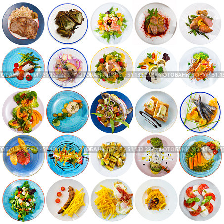 Collection of delicious homemade and restaurant dishes on round plates. Стоковое фото, фотограф Яков Филимонов / Фотобанк Лори
