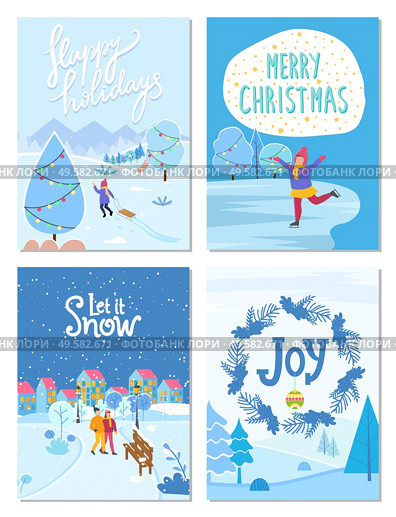 Collection of greeting cards for winter holidays congratulation. People celebrating xmas in city. Kid with sleds pulling sleigh. Figure skating child on ice rink. Wreath with pine and mistletoe vector. Merry Christmas and Happy New Year, Cards Set. Стоковая иллюстрация, агентство Ingram Publishing / Фотобанк Лори
