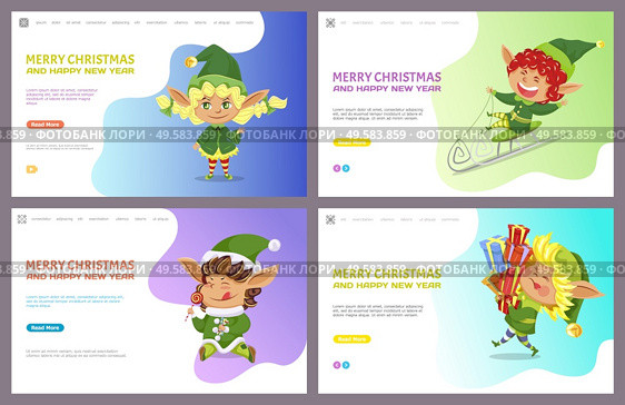 Collection of greetings for Christmas and new year. Winter holidays celebration. Elves with presents. Dwarf on sleds laughing. Website or webpage template, landing page, vector in flat style. Merry Christmas and Happy New Year Web Collection. Стоковая иллюстрация, агентство Ingram Publishing / Фотобанк Лори