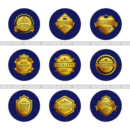 Collection of premium quality best golden labels guarantee sticker awards, vector illustration certificate emblems isolated on blue round circles set. Collection Premium Quality Best Gold Labels Icons. Стоковая иллюстрация, агентство Ingram Publishing / Фотобанк Лори