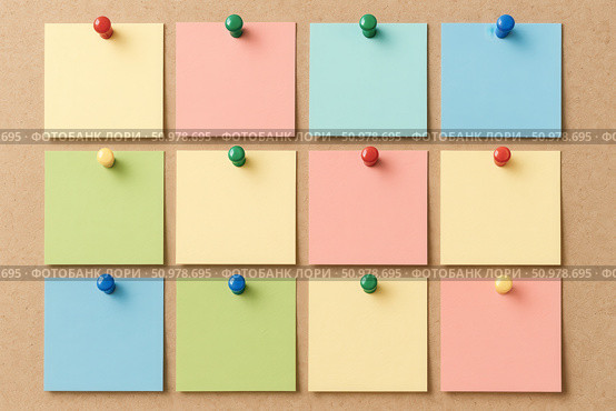 Collection of twelve blank colorful sticky notes pinned on corkboard, this mockup is perfect for agile or kanban board planning. Стоковое фото, фотограф Павел Муравьев / Фотобанк Лори