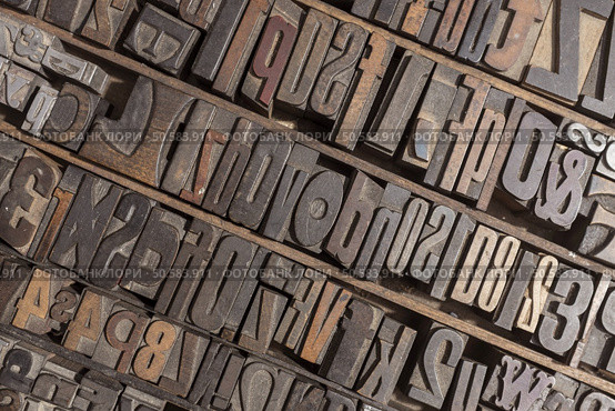 Collection of various wood type letters for printing. Стоковое фото, агентство Ingram Publishing / Фотобанк Лори