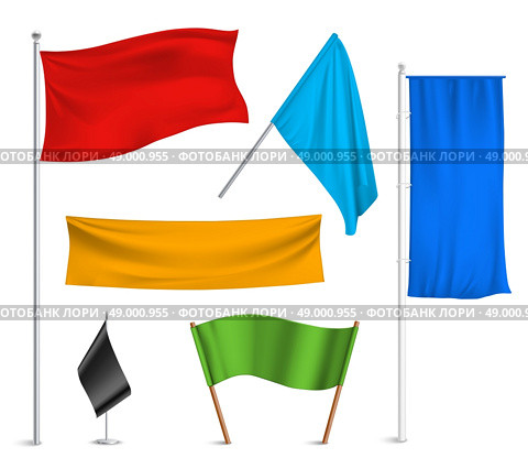Colored flags banners icons composition. Various colors flags and banners pictograms collection with black racing and blue half-staff hoisted abstract vector illustration. Стоковая иллюстрация, агентство Ingram Publishing / Фотобанк Лори