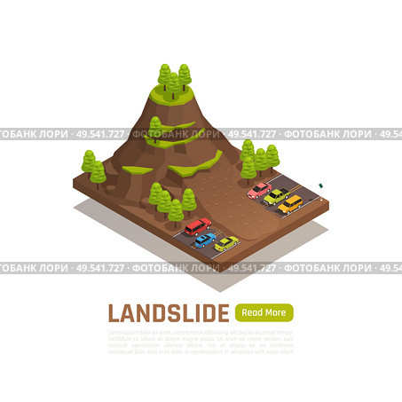 Colored isolated and isometric natural disaster concept with landslide description and button vector illustration. Стоковая иллюстрация, агентство Ingram Publishing / Фотобанк Лори