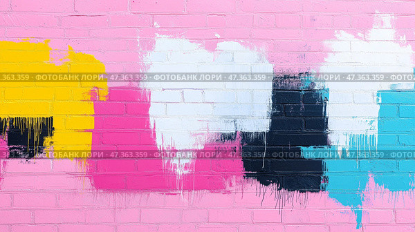 Colorful Abstract Art Mural With Brush Strokes on Pink Background. Черные, белые и желтые мазки кистью на розовом фоне, красочный абстрактный арт-дизайн, красочная уличная фреска, красочная стена. Стоковое AI-изображение, AI-художник Katsiaryna Repich / Фотобанк Лори