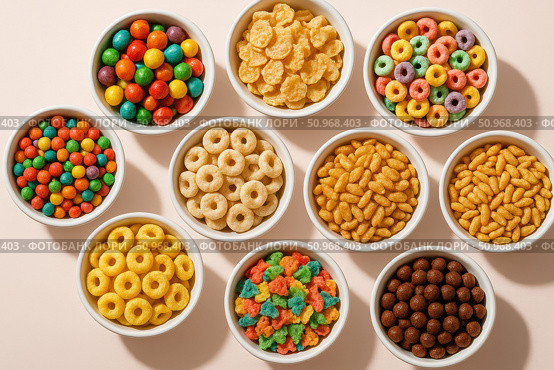 Colorful assortment of cereals and candies in white bowls. Various shapes and sizes, including rings, loops, and chocolate balls. Bright and vibrant colors. Стоковое AI-изображение, AI-художник Nart / Фотобанк Лори