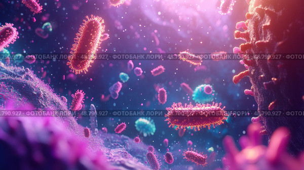 Colorful bacteria are actively engaged with antibodies, Стоковое AI-изображение, AI-художник Anastasy Yarmolovich / Фотобанк Лори