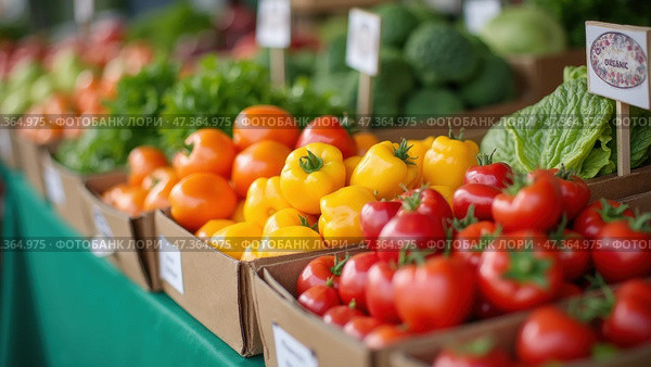 Colorful bell peppers, tomatoes, and leafy greens are arranged neatly in boxes at an outdoor market, inviting shoppers during a warm midday. Стоковое AI-изображение, AI-художник Sergey Grishin / Фотобанк Лори