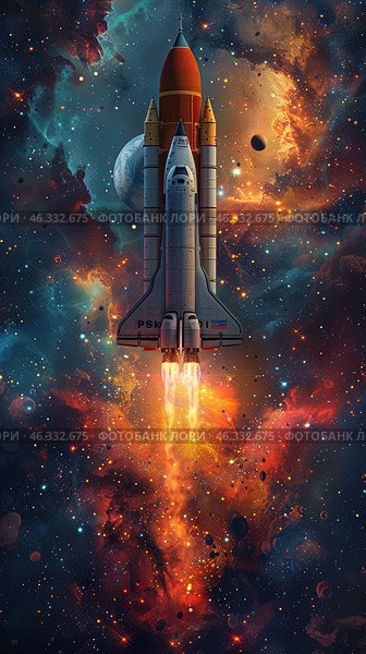 Colorful children drawing of universe, space rocket, Stars and planets. cosmic background, Cosmonautics Day concept. Стоковое AI-изображение, AI-художник Ирина Михайличенко / Фотобанк Лори