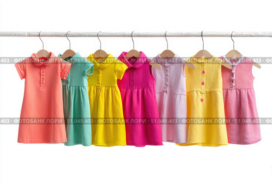 Colorful collection of baby dresses, isolated on a white background. Different styles and colors clothes for baby girls. Rainbow ruffle skirt, denim shirt top, party gown, cotton short-sleeve dresses. Стоковое AI-изображение, AI-художник Марина Демидюк / Фотобанк Лори