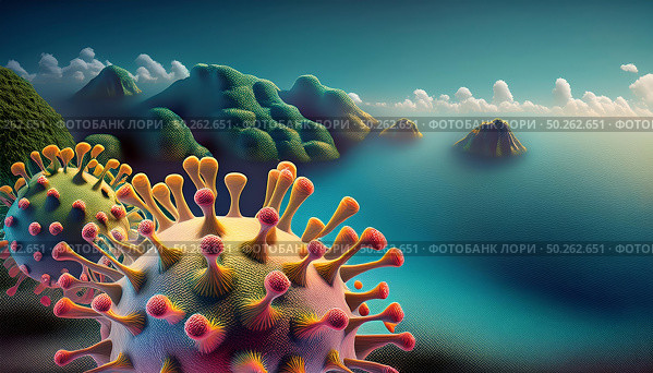 Colorful Covid textures juxtaposed against lush, serene island landscape. virus spreads over calm, blue ocean, infiltrating untouched environments, symbolizing nature's vulnerability. Стоковое AI-изображение, AI-художник Андрей Ка / Фотобанк Лори