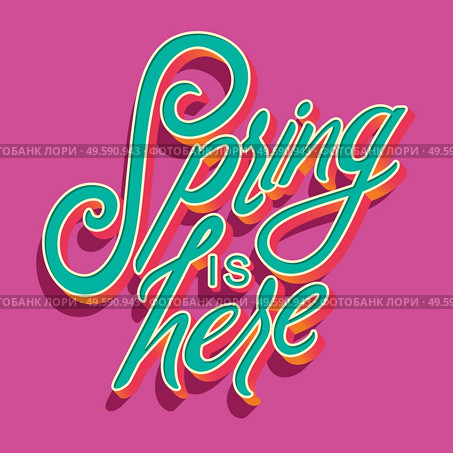 Colorful decorative handwritten typography design with spring is here text. Spring hand lettering illustration design. Colorful flat vector illustration. . Стоковая иллюстрация, агентство Ingram Publishing / Фотобанк Лори