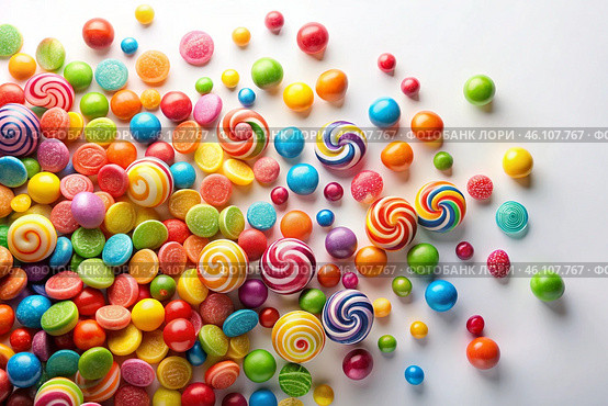 Colorful dragee candies in the assortment on a white background. Various sweets, confectionery and dragees of different shapes and colors. Bright rainbow hues. Стоковое AI-изображение, AI-художник Photojuli / Фотобанк Лори