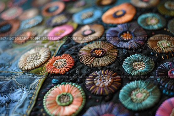 Colorful embroidered flowers adorning black fabric, a close up of skilled needlework. Стоковое AI-изображение, AI-художник Иван Рябоконь / Фотобанк Лори