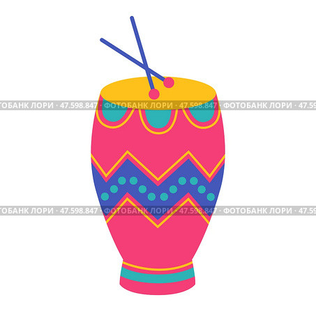 Colorful ethnic conga drum with ornament and drumsticks. Traditional percussion musical instrument. Pink tumbadora. African culture. Vector flat illustration isolated on white background. Стоковая иллюстрация, иллюстратор Алина Умарова / Фотобанк Лори