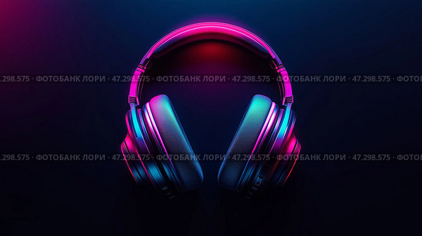Colorful headphones with neon lighting against a dark background emphasize modern audio technology and design aesthetics. Цветные наушники с неоновой подсветкой на темном фоне подчеркивают современные аудиотехнологии и эстетику дизайна. Стоковое AI-изображение, AI-художник Katsiaryna Repich / Фотобанк Лори