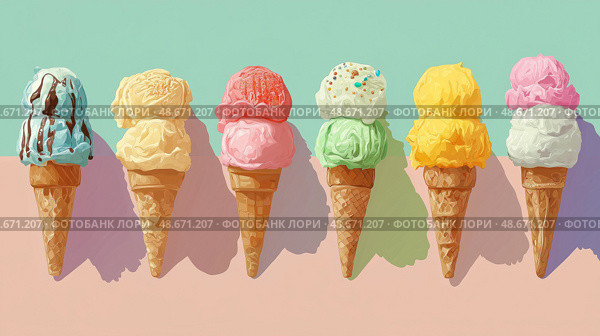 Colorful Ice Cream Cones Collection with Assorted Flavors and Toppings, Flat Design on Pastel Background, Minimalist Sweet Treats. Коллекция разноцветных рожков мороженого с разными вкусами и начинками, плоский дизайн на пастельном фоне, минималистичный дизайн сладких угощений. Стоковое AI-изображение, AI-художник Katsiaryna Repich / Фотобанк Лори