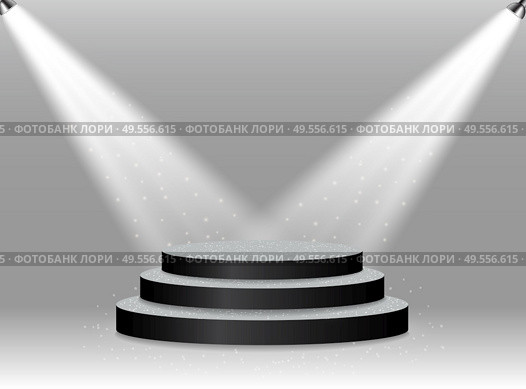 Colorful illuminated podium for awards and performances illuminated by bright spotlights. Vector illustration. EPS10. Colorful illuminated podium for awards and performances illuminated by bright spotlights. Vector illustration. Стоковая иллюстрация, агентство Ingram Publishing / Фотобанк Лори