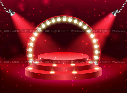 Colorful illuminated podium for awards and performances illuminated by bright spotlights. Vector illustration. EPS10. Colorful illuminated podium for awards and performances illuminated by bright spotlights. Vector illustration. Стоковая иллюстрация, агентство Ingram Publishing / Фотобанк Лори