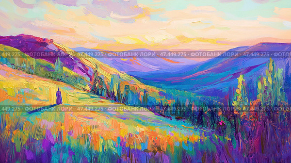 Colorful impressionist landscape depicting a serene spring evening in vibrant hues. Стоковое AI-изображение, AI-художник Ксения Лаптева / Фотобанк Лори
