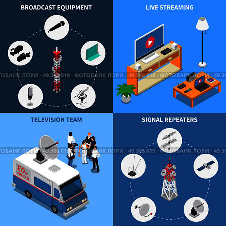 Colorful isometric 2x2 telecommunication icons set with various broadcast equipment television team and electronic devices 3d isolated vector illustration. Telecommunication 2x2 Icons Set. Стоковая иллюстрация, агентство Ingram Publishing / Фотобанк Лори
