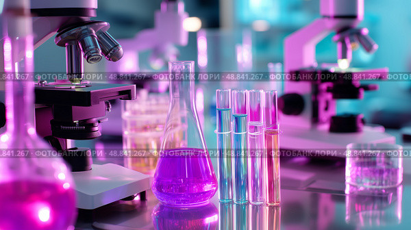 Colorful laboratory setup with test tubes and microscopes during a scientific experiment. Стоковое AI-изображение, AI-художник Сергей Толмачёв / Фотобанк Лори