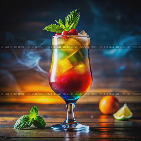 Colorful Layered Cocktail With Mint Garnish on Wooden Tabletop. Generative AI. Стоковое AI-изображение, AI-художник Roman Zavorotny / Фотобанк Лори