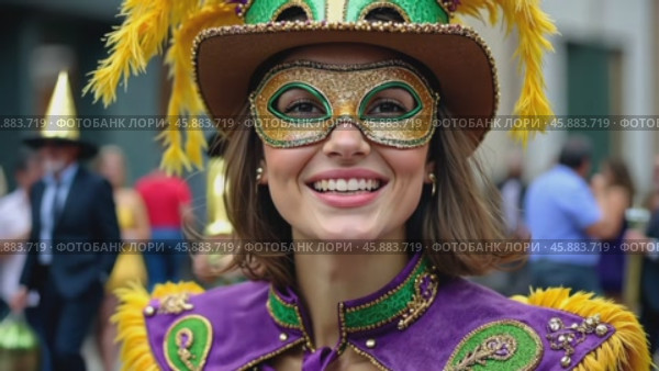 Colorful Mardi Gras Parade Features Joyful Participant in Elaborate Costume and Mask, Celebrating With a Radiant Smile. Стоковое AI-видео, аниматор Sergey Grishin / Фотобанк Лори