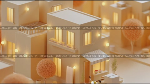 Colorful miniature town with yellow scooter and warm glowing buildings during evening hours. Стоковое AI-видео, аниматор Сергей Толмачёв / Фотобанк Лори