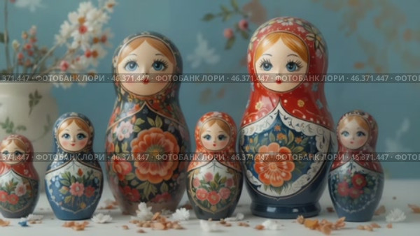 Colorful Nesting Dolls Showcase Traditional Craftsmanship in a Quaint Setting With Floral Accents. Стоковое AI-видео, аниматор Оксана Медведева / Фотобанк Лори