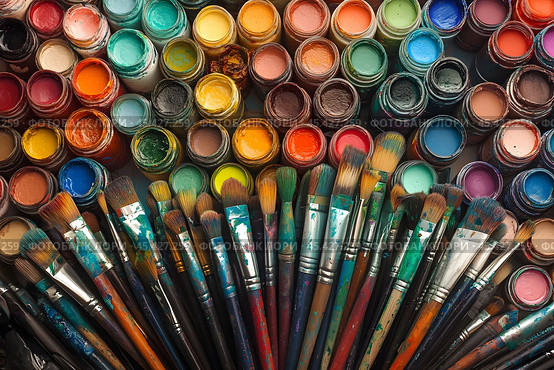 Colorful paint jars and brushes create a striking display full of artistic inspiration. Стоковое AI-изображение, AI-художник Елена Старчак / Фотобанк Лори