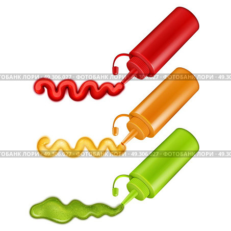 Colorful Plastic Bottles With Pressed Sauces. Set of colorful plastic bottles with pressed ketchup wasabi and mustard realistic vector illustration   . Стоковая иллюстрация, агентство Ingram Publishing / Фотобанк Лори