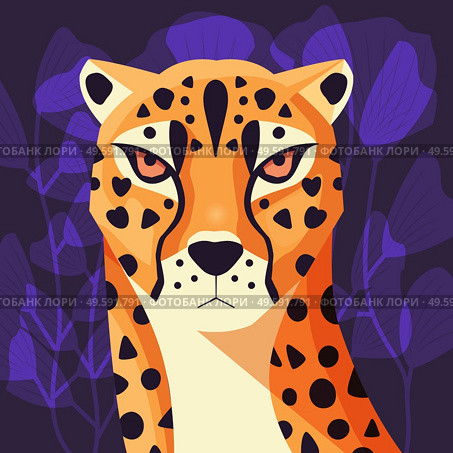 Colorful portrait of beautiful cheetah on purple background. Hand drawn wild animal. Big cat. . Стоковая иллюстрация, агентство Ingram Publishing / Фотобанк Лори