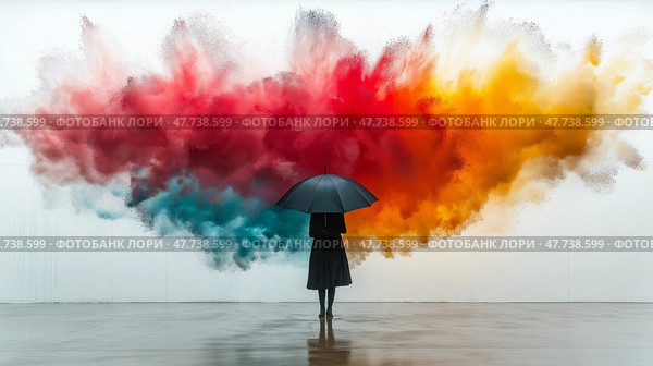 Colorful smoke art envelops a figure under an umbrella in an urban setting. Красочный дым окутывает фигуру под зонтиком. Стоковое AI-изображение, AI-художник Katsiaryna Repich / Фотобанк Лори