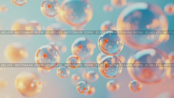 Colorful soap bubbles floating in the air against a soft blue background. The bubbles vary in size and reflect light, creating a dreamy atmosphere. Стоковое AI-видео, аниматор Nart / Фотобанк Лори