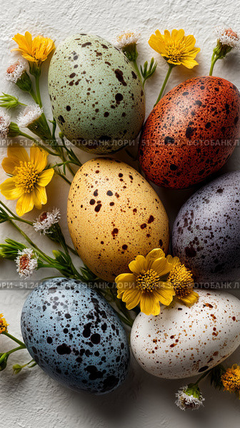 Colorful Speckled Eggs Surrounded by Wildflowers Arranged for Spring Celebration. Стоковое AI-изображение, AI-художник Юлия Гапеенко / Фотобанк Лори