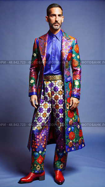 Colorful Suit and Red Shoes Man. Generative AI. Стоковое AI-изображение, AI-художник Roman Zavorotny / Фотобанк Лори