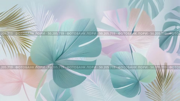 Colorful tropical leaves in various shapes and sizes, featuring shades of green, pink, and white, creating a vibrant and lively botanical illustration with a soft background. Стоковое AI-видео, аниматор Ирина Ручушкина / Фотобанк Лори