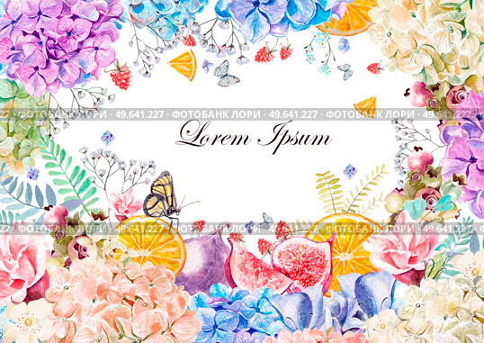 Colorful watercolor greeting card or wedding invitation. From hydrangea flower, rose, peony, eustomiya and fruits oranges, figs, raspberries. Illustrations.. Colorful watercolor greeting card or wedding invitation. From hydrangea flower, rose, peony, eustomiya and fruits oranges, figs, raspberries. . Стоковое фото, агентство Ingram Publishing / Фотобанк Лори