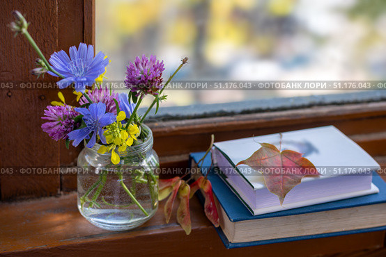 Colorful wildflowers in glass jar on wooden window sill beside books with fallen autumn leaf. Arrangement creates cozy, peaceful ambiance. End of summer, beginning of autumn. Стоковое фото, фотограф Алла Чесноковва / Фотобанк Лори