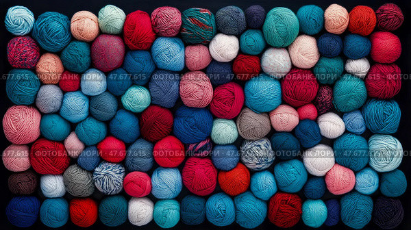 Colorful Yarn Bundle: Artistic Textile Collection, Crafty Hobby Material, Warmth and Comfort Aesthetic. Стоковое AI-изображение, AI-художник Данила Большаков / Фотобанк Лори