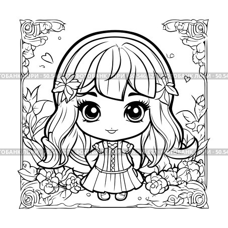 Coloring page for adults. Cute cartoon girl with flowers. Vector illustration. Стоковая иллюстрация, агентство Ingram Publishing / Фотобанк Лори