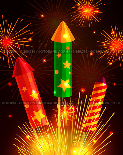 Colourful exploding rockets on bright background in red, green and striped colors. Salutes in cartoon style flat design. New Year attributes decorations collection of vector fireworks illustrations.. Colourful Exploding Rockets on Bright Background. Стоковая иллюстрация, агентство Ingram Publishing / Фотобанк Лори