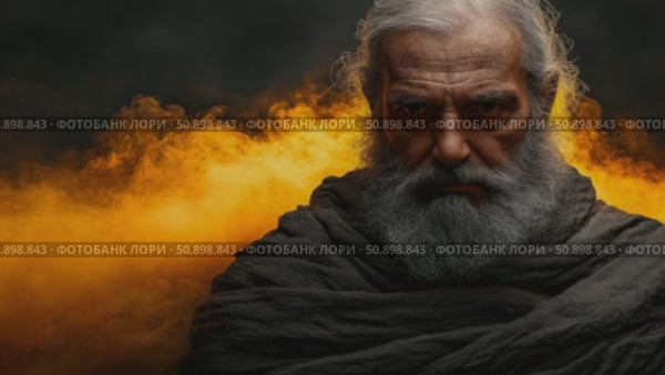 Commanding portrait of an ancient patriarch with a long grey beard, shrouded in dark fabric, against a swirling amber light. Стоковое AI-видео, аниматор Данила Большаков / Фотобанк Лори
