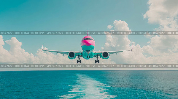 Commercial concept: modern pink and turquoise aircraft over sea, arriving at airport. Стоковое AI-изображение, AI-художник Данила Большаков / Фотобанк Лори