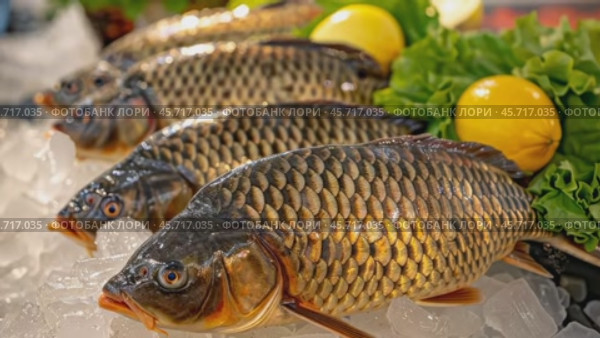 Common carp fish on ice, lettuce and lemon slices. Group of raw fish served on the ice cubes, fish at the market. Sale of sea fish. Advertising banner layout for seafood store. Crucian carp, goldfish. Стоковое AI-видео, аниматор Марина Демидюк / Фотобанк Лори