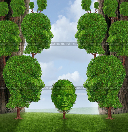Community assistance and public support concept as a group of adult human head shaped trees giving help to a young child plant as a nurturing metaphor for government social services in education and friendship. Стоковое фото, агентство Ingram Publishing / Фотобанк Лори