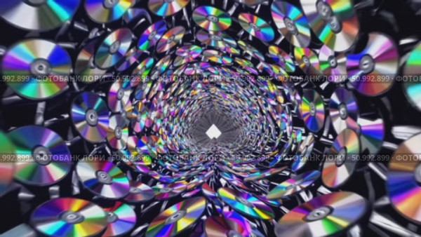 Compact discs swirling in mesmerizing tunnel, iridescent surfaces creating colorful kaleidoscopic pattern converging toward bright central glow. Стоковое AI-видео, аниматор Данил Руденко / Фотобанк Лори