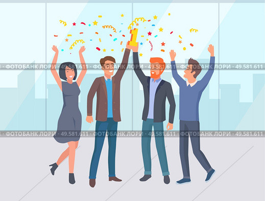 Company leadership, workers cooperation and win, winners partnership. Male and female collaboration, employee rising hands, businessman win vector. Employees Success, Man and Woman Worker Vector. Стоковая иллюстрация, агентство Ingram Publishing / Фотобанк Лори